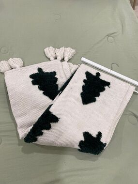 Rachel Zoe Cream Throw Blanket with Green Christmas Trees